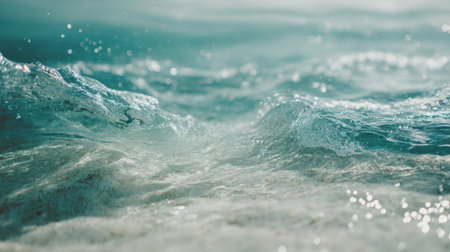 This stunning image captures the gentle motion of ocean waves with sparkling sunlight reflecting on the water's surface, evoking a sense of tranquility and relaxation.の素材