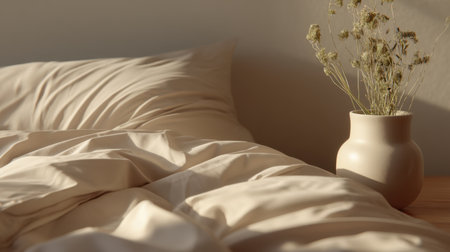 A cozy bedroom scene featuring soft bedding and a natural flower arrangement in a vase. The warm sunlight creates a peaceful atmosphere for home decor inspiration.の素材