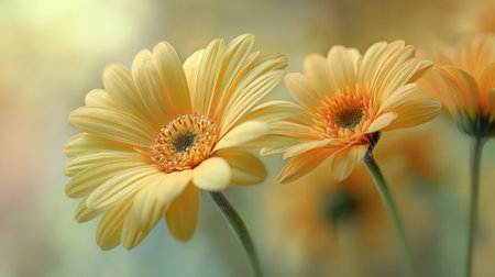 This image features beautiful yellow gerbera daisies with delicate petals and vibrant centers, set against a soft, blurred pastel background, evoking a feeling of tranquility.の素材