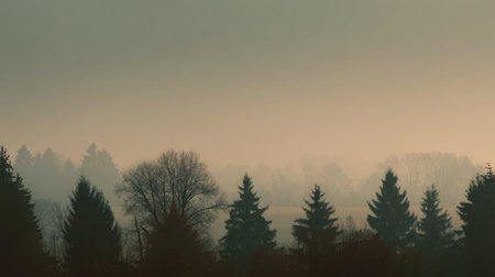 A tranquil scene of trees silhouetted against a soft, foggy dawn sky, creating a peaceful atmosphere suitable for any nature-themed project or inspiration.の素材