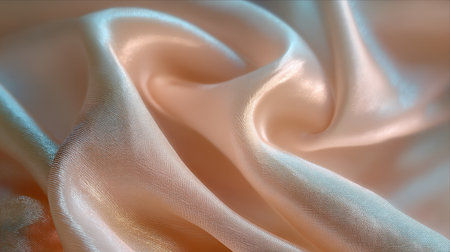 Close-up view of smooth peach satin fabric showcasing soft waves and a luxurious sheen. Perfect for creating elegant backgrounds or fashion visuals.の素材