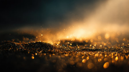 Experience an enchanting scene of shimmering golden particles scattered across a dark surface, enhanced by soft light that creates a mystical, atmospheric effect.の素材