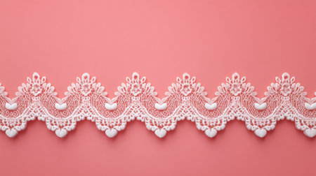 Soft pink background highlights an elegant lace trim featuring delicate patterns and intricate details, perfect for enhancing fashion, crafts, and decor projects.の素材