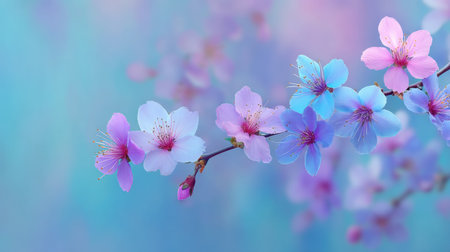 Explore the enchanting beauty of cherry blossom flowers in soft pastel hues of blue and pink. This dreamy image captures a serene moment in nature, ideal for spring themes.の素材
