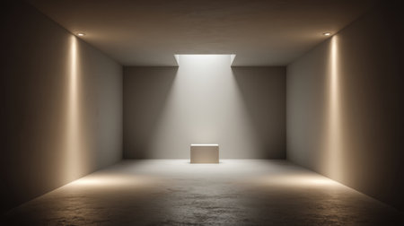 This minimalist interior space features soft lighting highlighting a central podium, creating an ambiance of calmness and creativity, perfect for artistic projects.の素材