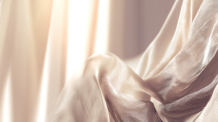 A beautifully draped fabric in soft, warm tones showcases a serene atmosphere, ideal for interior decor. The gentle light enhances the smooth texture and elegance.の素材