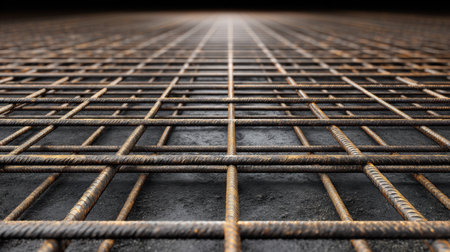 Close-up view of a rusty steel rebar grid positioned on a dark concrete surface. The image showcases industrial design with a striking perspective and texture elements.の素材