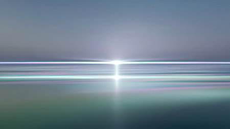 This captivating abstract image features soft pastel colors merging seamlessly with reflections on calm water, highlighted by gentle light rays at the horizon.の素材