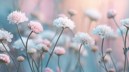A collection of delicate pastel flowers gracing a serene garden scene, illuminated by soft light. This image evokes tranquility and natural beauty, perfect for calming settings.の素材