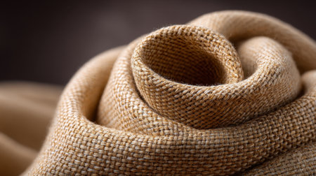 This image showcases a close-up of warm beige fabric swirling beautifully, highlighting its texture and softness, perfect for fashion and design projects.の素材