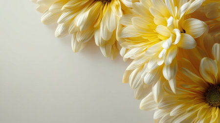 A close-up view of bright yellow flowers with soft petals arranged beautifully against a light background, perfect for seasonal decorations and nature themes.の素材