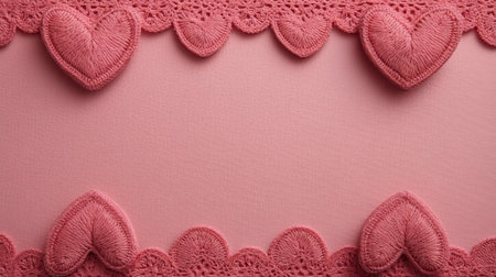 This image features a delicate lace border adorned with heart motifs set against a soft pink background, ideal for romantic projects and creative expressions.の素材