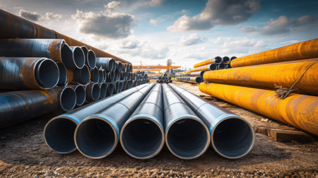 A vibrant industrial scene showcasing various metal pipes arranged neatly in a construction yard. The atmosphere is dynamic, highlighted by cranes and dramatic clouds.の素材