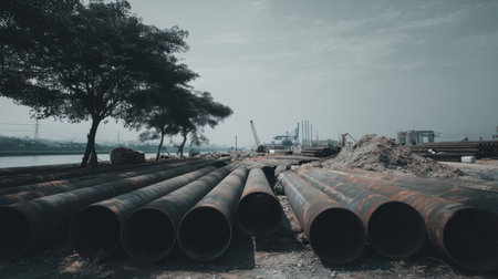 An industrial scene showcases rusty steel pipes stacked along a construction site beside a river, with machinery and trees accentuating the muted atmosphere.の素材