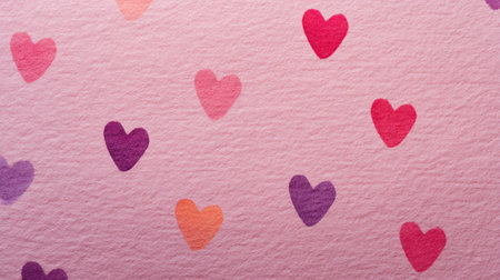 This beautiful pattern features colorful watercolor hearts scattered over a soft pink background, ideal for romantic designs, greeting cards, or festive projects.の素材