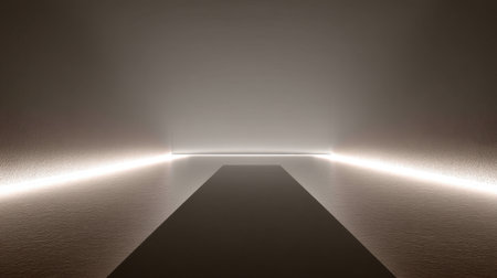 This image features a minimalist interior space illuminated by soft light, showcasing an abstract pathway that creates a serene and tranquil atmosphere, ideal for modern design inspiration.の素材