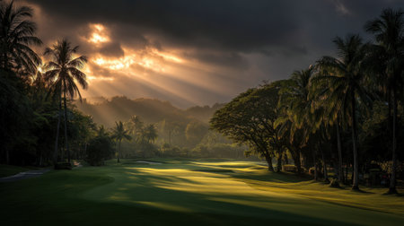 A stunning view of a golf course with vibrant greenery and palm trees, beautifully highlighted by the golden rays of the setting sun peeking through clouds.の素材