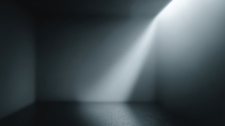 An artistic depiction of a bright light beam cutting through the dark emptiness of a room, emphasizing minimalism and creating a serene atmosphere perfect for backgrounds or concepts.の素材