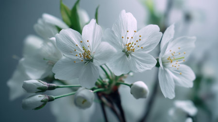 A captivating close-up of delicate white cherry blossoms reveals their intricate details, evoking tranquility and highlighting the beauty of nature in springtime.の素材