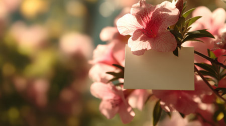 A captivating image featuring delicate pink flowers and an empty note card, ideal for personal messages or invitations, set in a serene natural backdrop.の素材