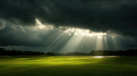 A stunning landscape featuring dramatic clouds and rays of sunlight illuminating a lush green field. This peaceful and serene scene captures nature's beauty after a storm.の素材