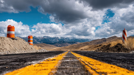 Stunning view of an empty road stretching toward distant mountains under a dramatic sky filled with clouds, featuring construction barriers on the sides.の素材