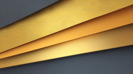 This image features an arrangement of golden metallic paper layers on a sleek grey background, perfect for creative projects, presentations, or artistic inspiration.の素材