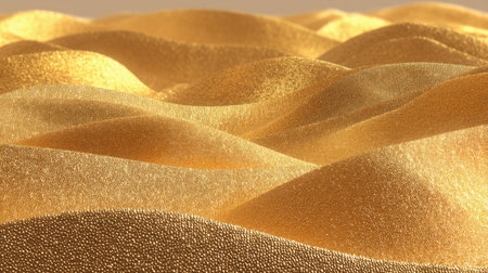 A mesmerizing view of golden sand waves, reflecting soft light that creates a serene atmosphere. The undulating texture and warm hues invite tranquility and inspiration.の素材