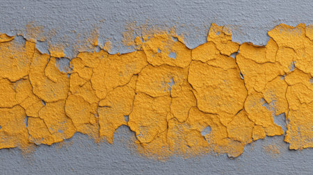 This close-up captures the intricate detail of peeling yellow paint on a gray surface, showcasing the beauty of decay and the complexity of urban textures.の素材