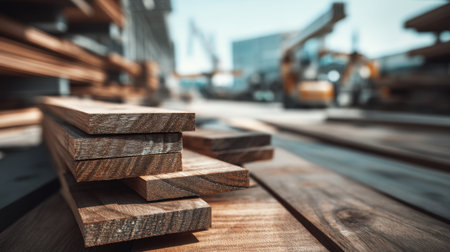 This image captures a stack of wooden planks in a construction yard, showcasing the texture and grain of the wood, while heavy machinery can be seen in the background.の素材