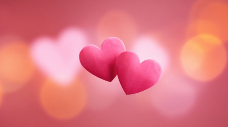 Two soft pink hearts float in front of a warm and blurred background, capturing the essence of love and romance, perfect for Valentine's Day and heartfelt celebrations.の素材