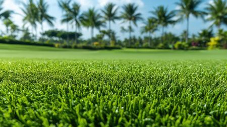 Experience the beauty of nature with this vibrant close-up of lush green grass, elegantly framed by tropical palm trees under a bright blue sky, evoking tranquility.の素材