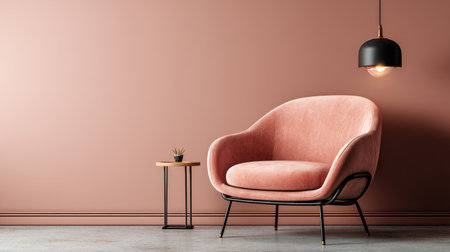 A cozy pink armchair graces a modern interior with a stylish lamp and minimalistic table, perfect for a relaxing space that invites comfort and elegance.の素材