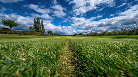 A stunning view of a lush green grass field beneath a dramatic cloudy sky, capturing the beauty of nature in a tranquil setting perfect for relaxation and enjoyment.の素材
