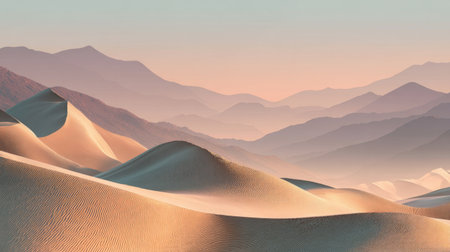 This stunning landscape showcases tranquil desert dunes illuminated by soft light, with distant mountains creating a serene backdrop. Ideal for nature lovers and travelers.の素材
