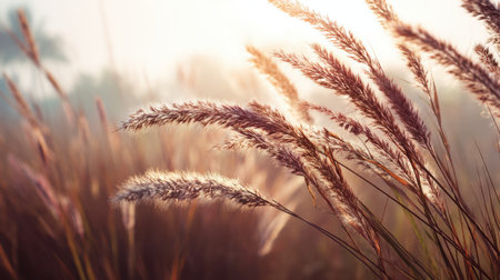 A serene landscape featuring soft grass illuminated by warm sunlight during a peaceful morning. This tranquil scene evokes calmness and natural beauty in an outdoor setting.の素材