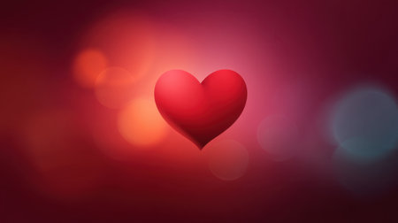 A striking red heart sits centrally against a soft, colorful background filled with bokeh lights, perfect for conveying emotions and love in your projects.の素材