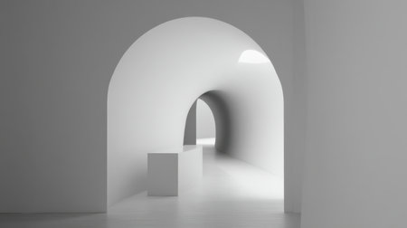 A serene and minimalist architectural interior featuring smooth curves and soft shadows. Natural light highlights the unique perspective in this tranquil space.の素材
