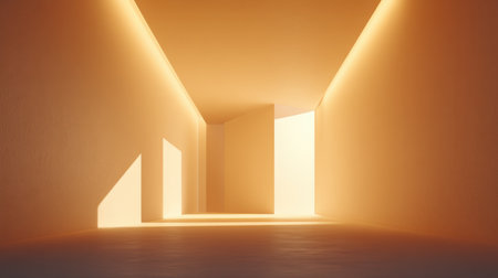 This image showcases a minimalist interior space illuminated by soft light, highlighting the interplay of shadows and angles, ideal for modern design inspiration.の素材