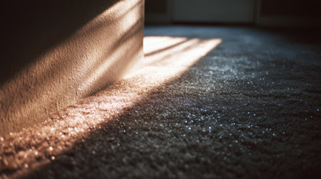 A serene indoor scene featuring warm sunlight casting gentle reflections on a textured carpet. The interplay of light and shadow creates a cozy and inviting atmosphere.の素材
