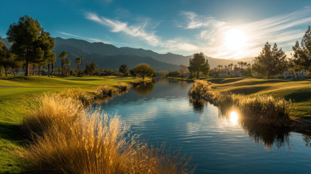 A stunning golf course scene at sunset showcasing a calm waterway reflecting the vibrant colors of the sky, surrounded by lush greenery and majestic mountains.の素材