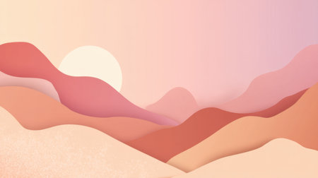 A serene landscape depicted with soft pastel hues and gentle curves, showcasing a peaceful sunset scene. Perfect for relaxation and artistic design projects.の素材