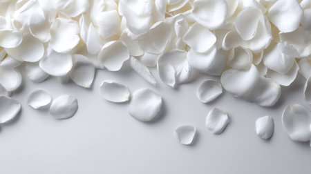 A beautiful collection of white rose petals scattered on a plain surface, ideal for conveying themes of love, beauty, and elegance for various occasions.の素材