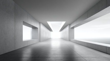 Dive into a serene minimalist space with smooth concrete walls and abundant light, leading to a bright horizon that inspires feelings of peace and tranquility.の素材