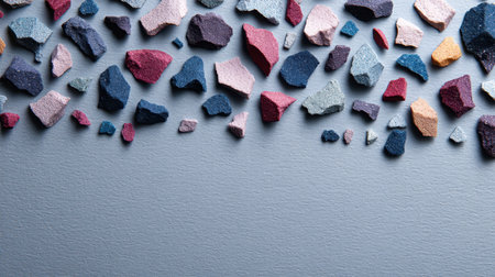 A visually striking arrangement of colorful small stones on a gray surface, showcasing diverse textures and shapes ideal for artistic and design projects.の素材