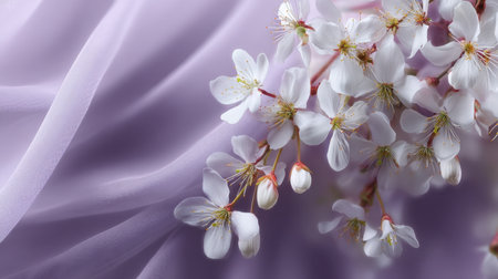 A stunning close-up of delicate cherry blossom flowers set against a soft purple fabric. This serene composition highlights beauty and elegance in nature.の素材