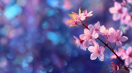 This stunning image captures a delicate cherry blossom branch adorned with soft pink flowers set against a dreamy purple and blue background, inviting feelings of spring.の素材