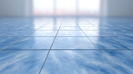 Bright interior space featuring a blue marble effect floor with reflections, creating a tranquil ambiance perfect for minimalistic design and modern decor.の素材