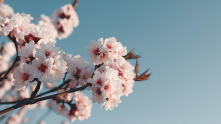A stunning display of cherry blossom flowers beautifully contrasts with a clear blue sky, evoking feelings of serenity and the arrival of spring in nature.の素材