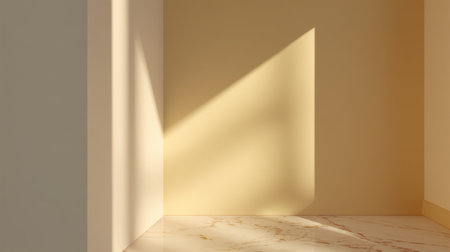 A serene and bright interior space showcasing soft sunlight creating interesting shadows on a warm-toned wall and elegant marble flooring. Ideal for design inspiration.の素材